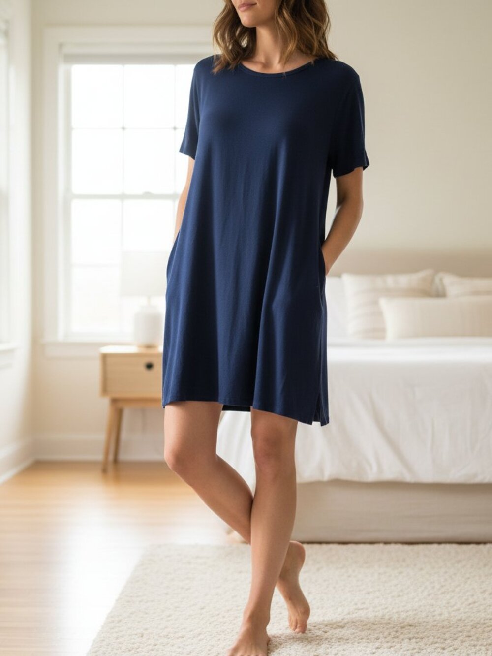 Cozy Earth Bamboo Rib-Knit Boyfriend Sleep Dress NWOT Navy XS